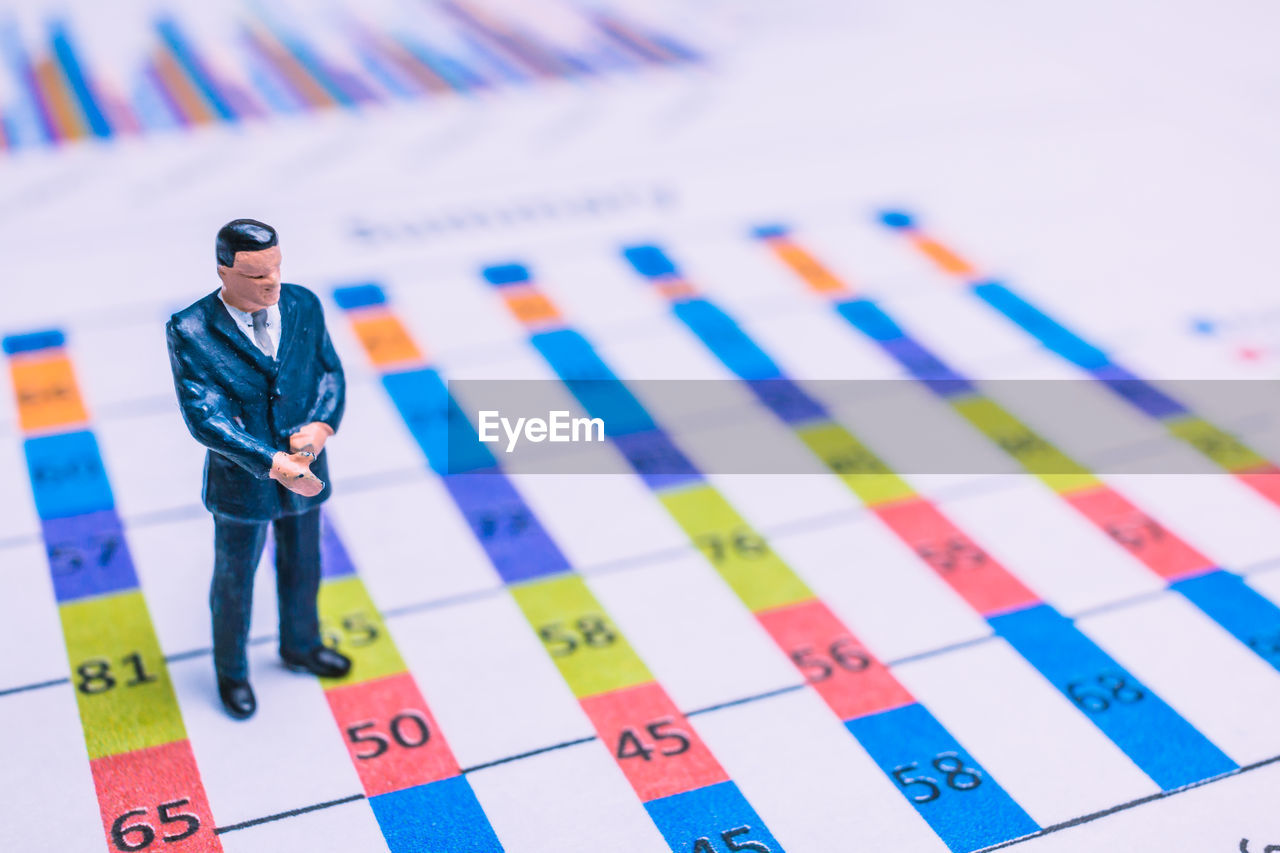 Close-up of businessman figurine on line graph