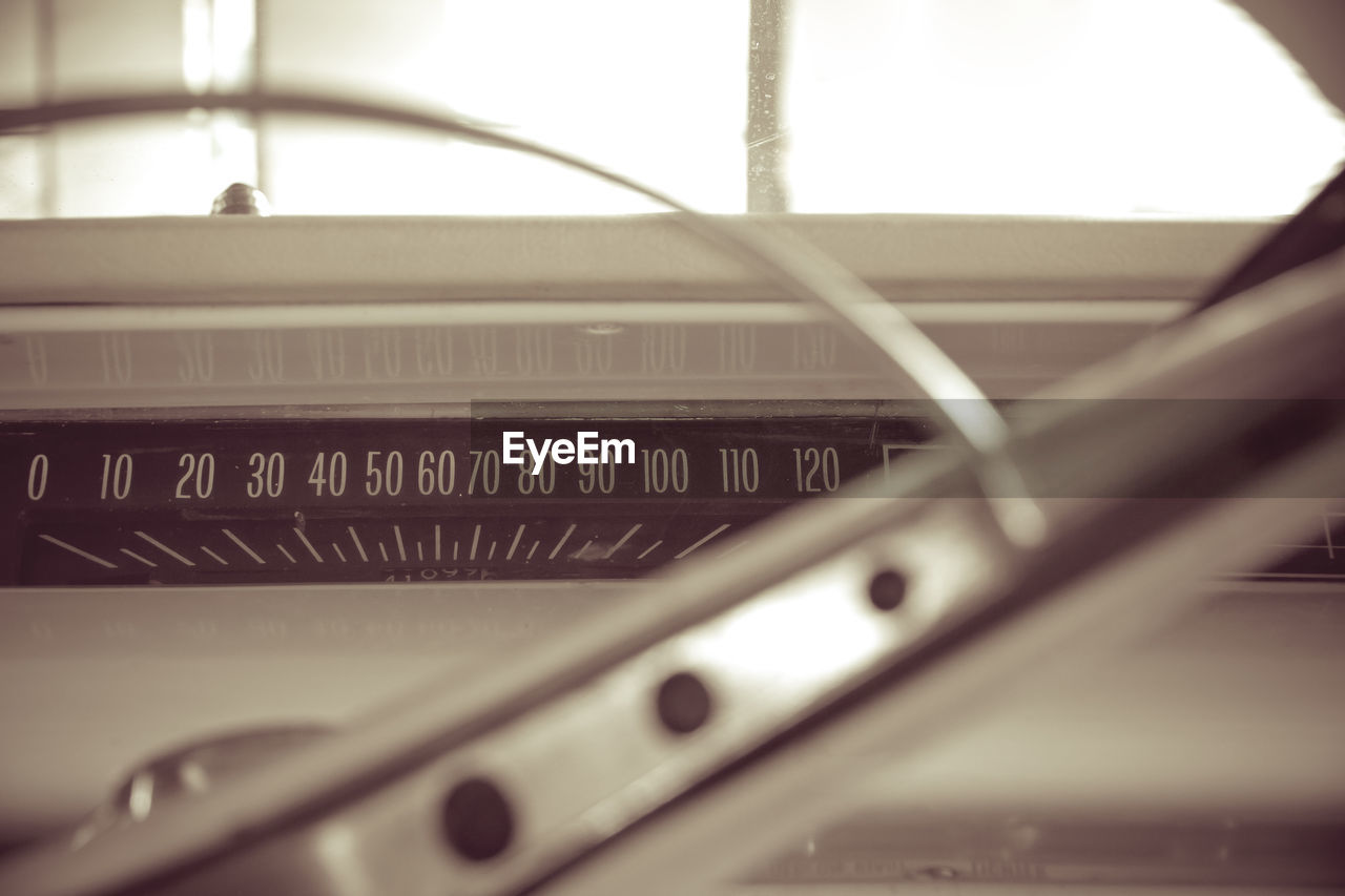 Close-up of speedometer in vintage car