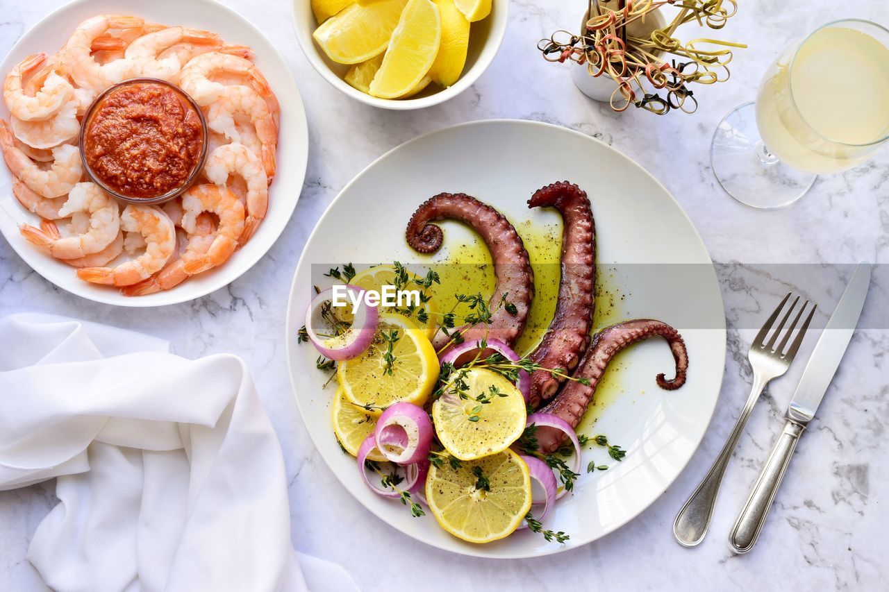 High angle view of seafood served on table