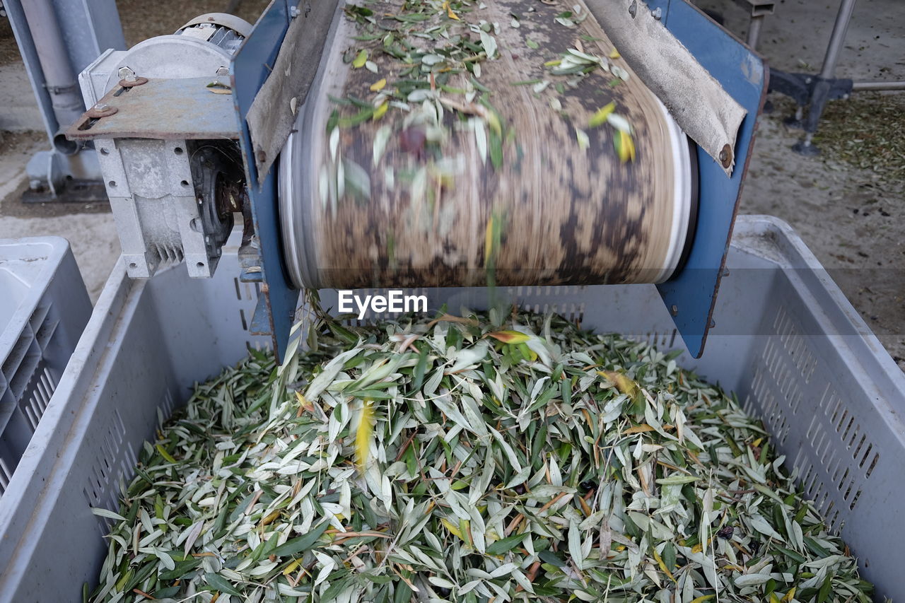 High angle view of leaves on agricultural machinery