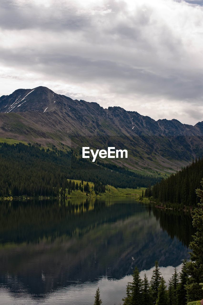 Scenic view of lake and mountains against sky