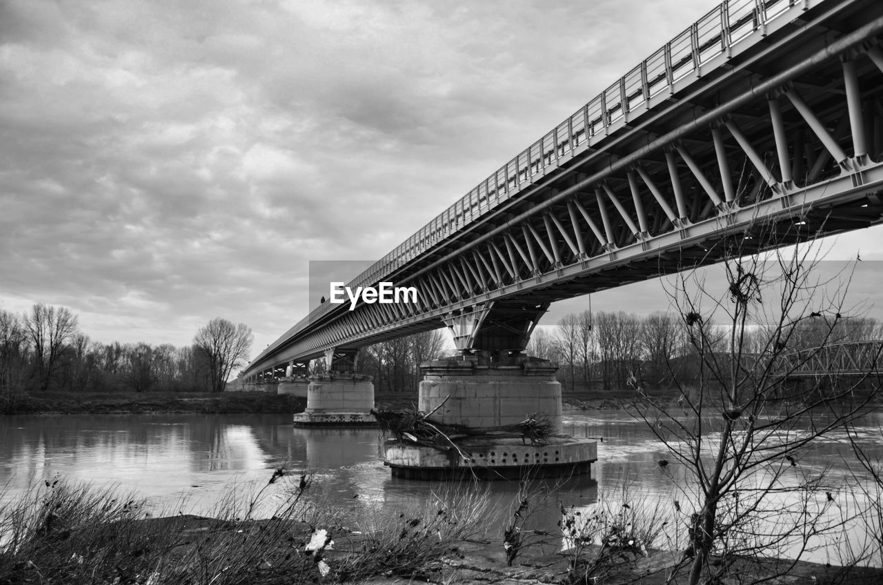 BRIDGE OVER RIVER BY TREES AGAINST SKY