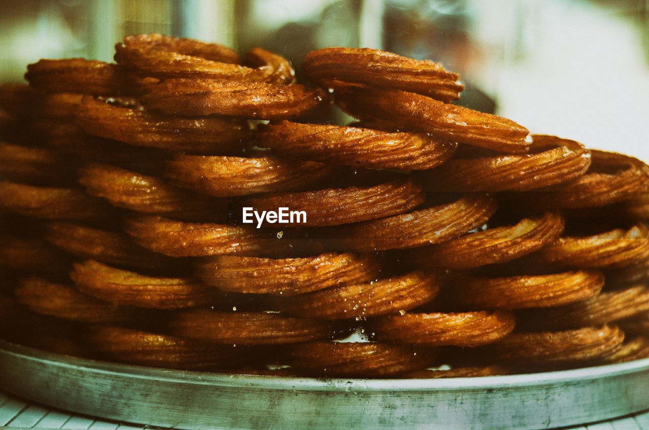 Close-up of pretzel stack at store