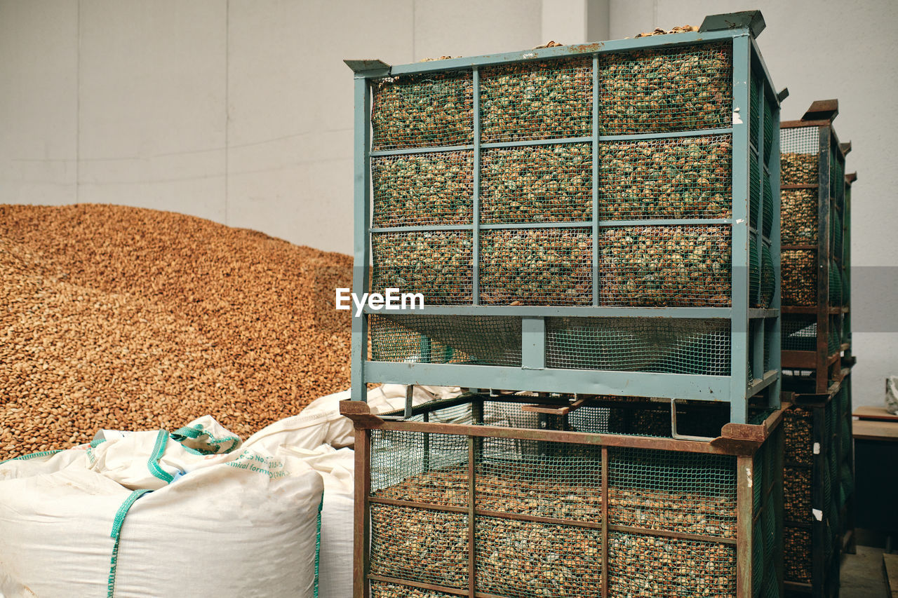 Grain crops in sacks and containers placed in bright spacious storehouse of factory