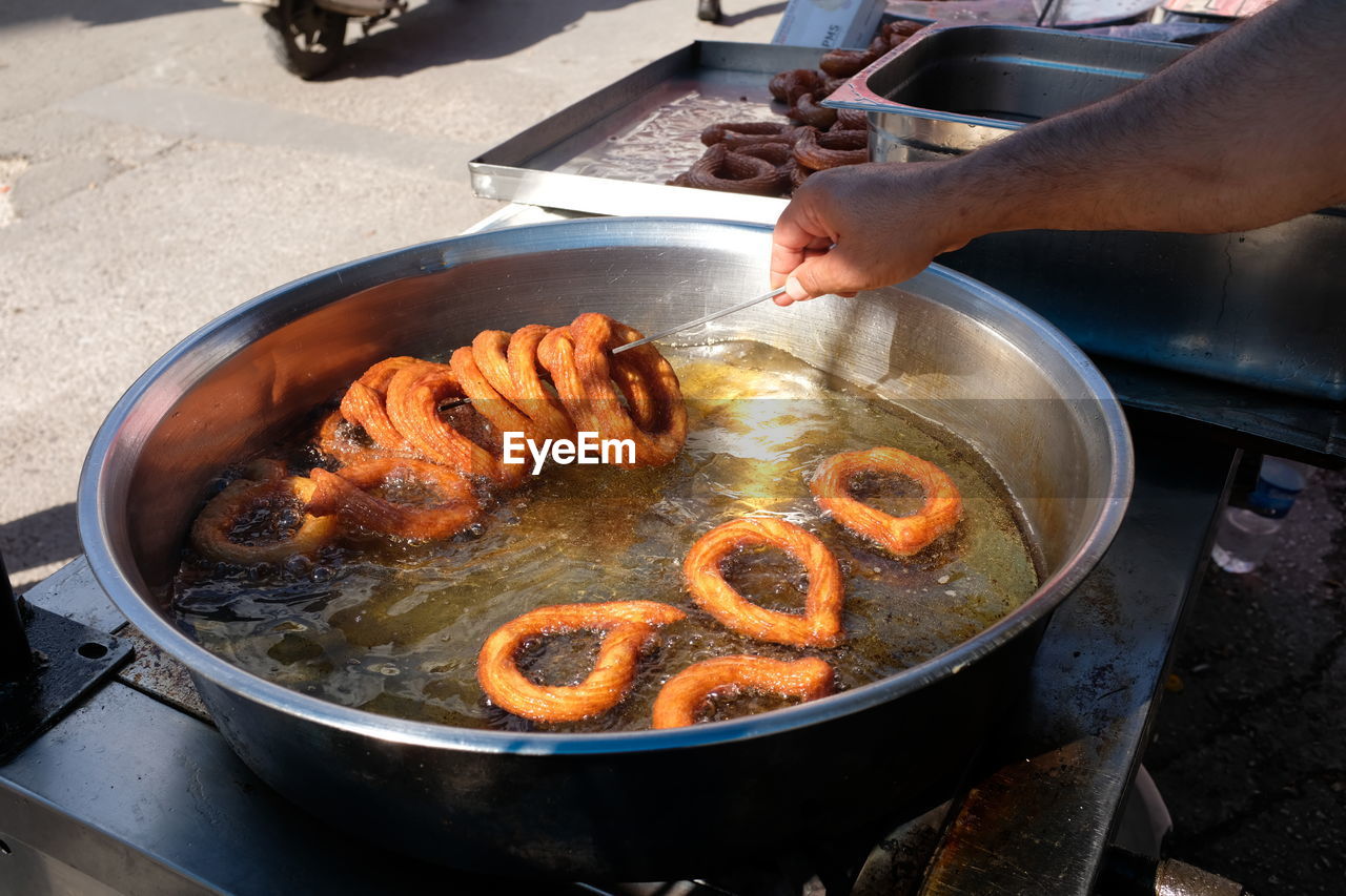 HIGH ANGLE VIEW OF PERSON PREPARING FOOD IN KITCHEN