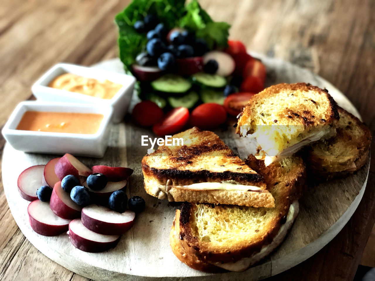 Close-up of breakfast served on table