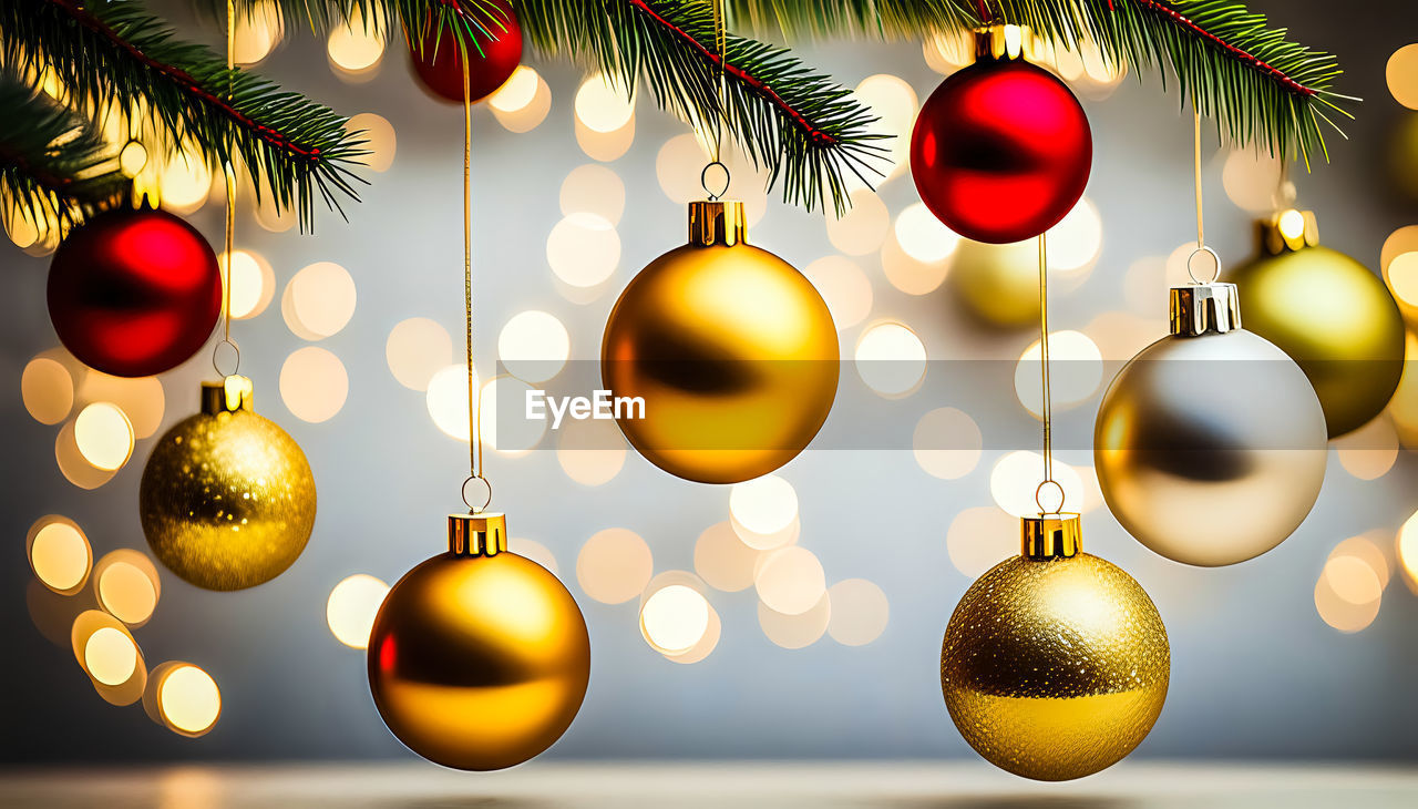 christmas tree, holiday, decoration, christmas, christmas ornament, christmas decoration, tree, celebration, hanging, gold, shiny, illuminated, plant, event, sphere, no people, tradition, shape, lighting equipment, nature, yellow, backgrounds, christmas lights, fir, elegance, spruce, night, multi colored