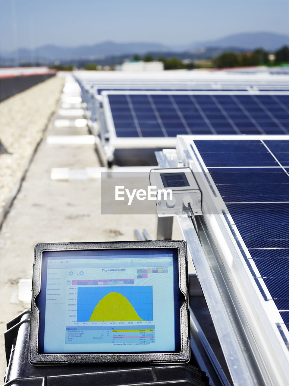 Measuring device in front of solar plant, close-up