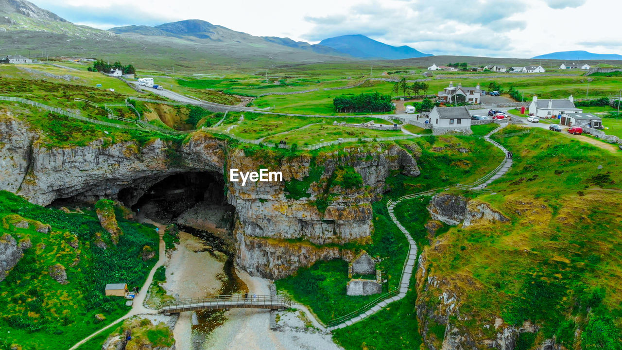 HIGH ANGLE VIEW OF BUILDING AND MOUNTAIN AGAINST SKY