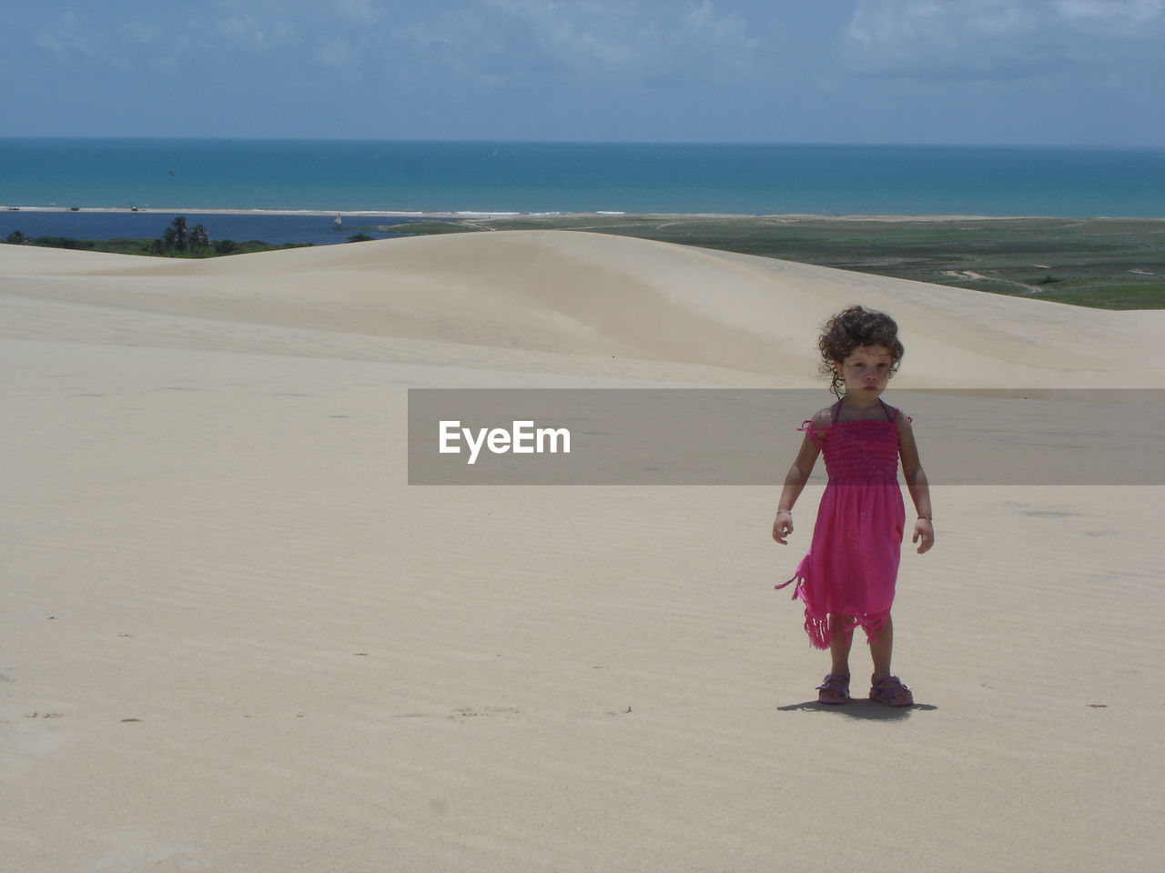 Portrait of little girl standing on sand at beach