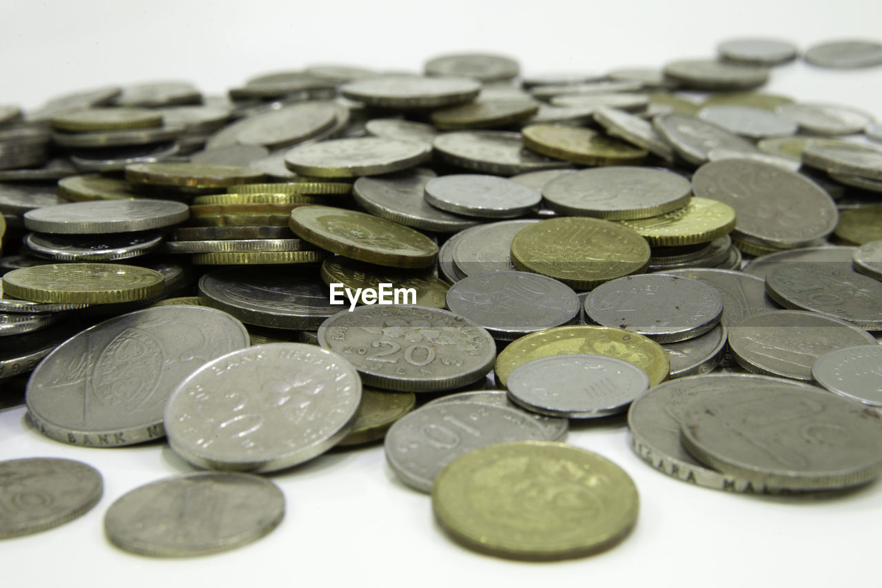 Close-up of coins on white background