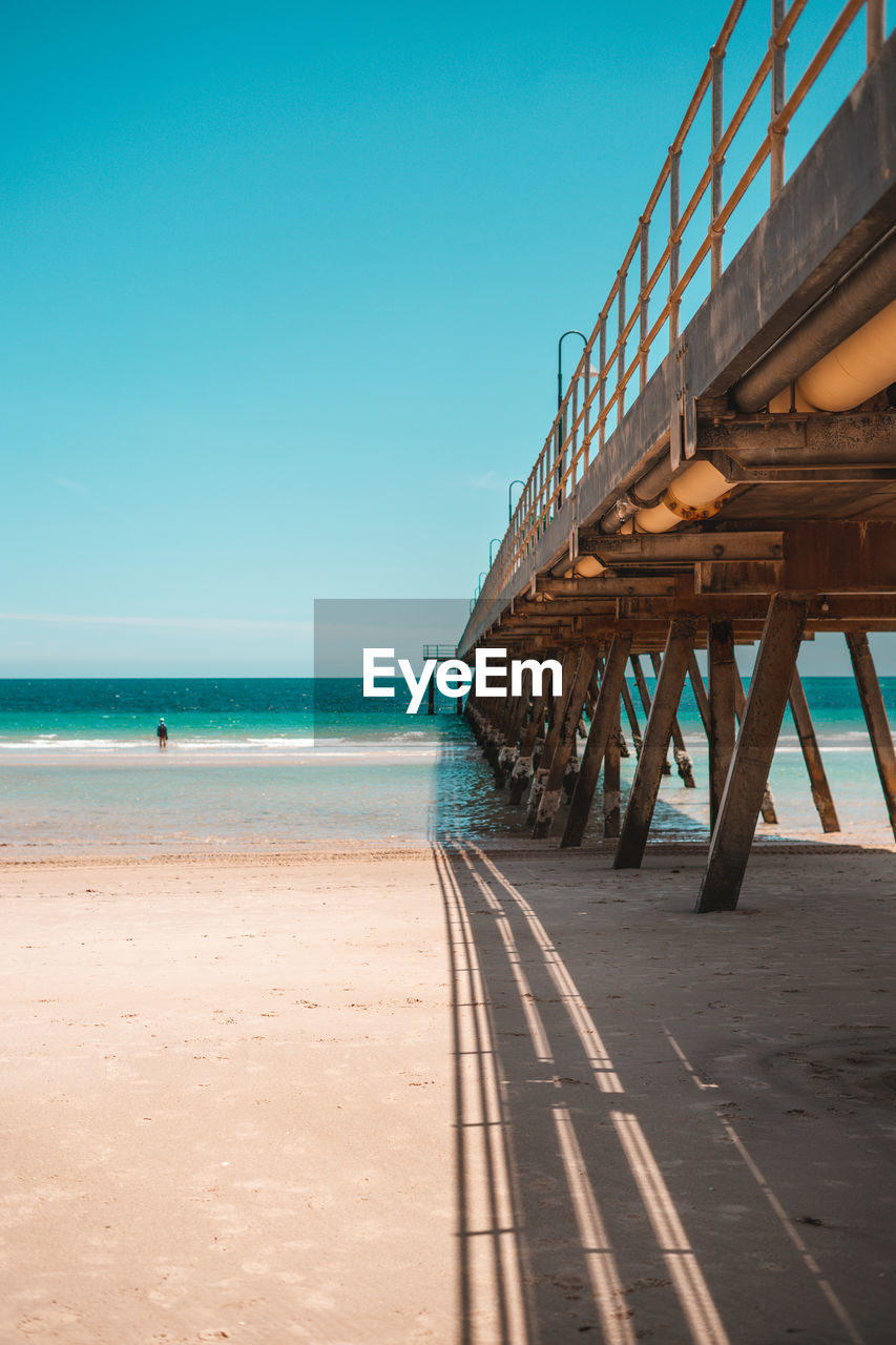 Pier on beach against clear sky