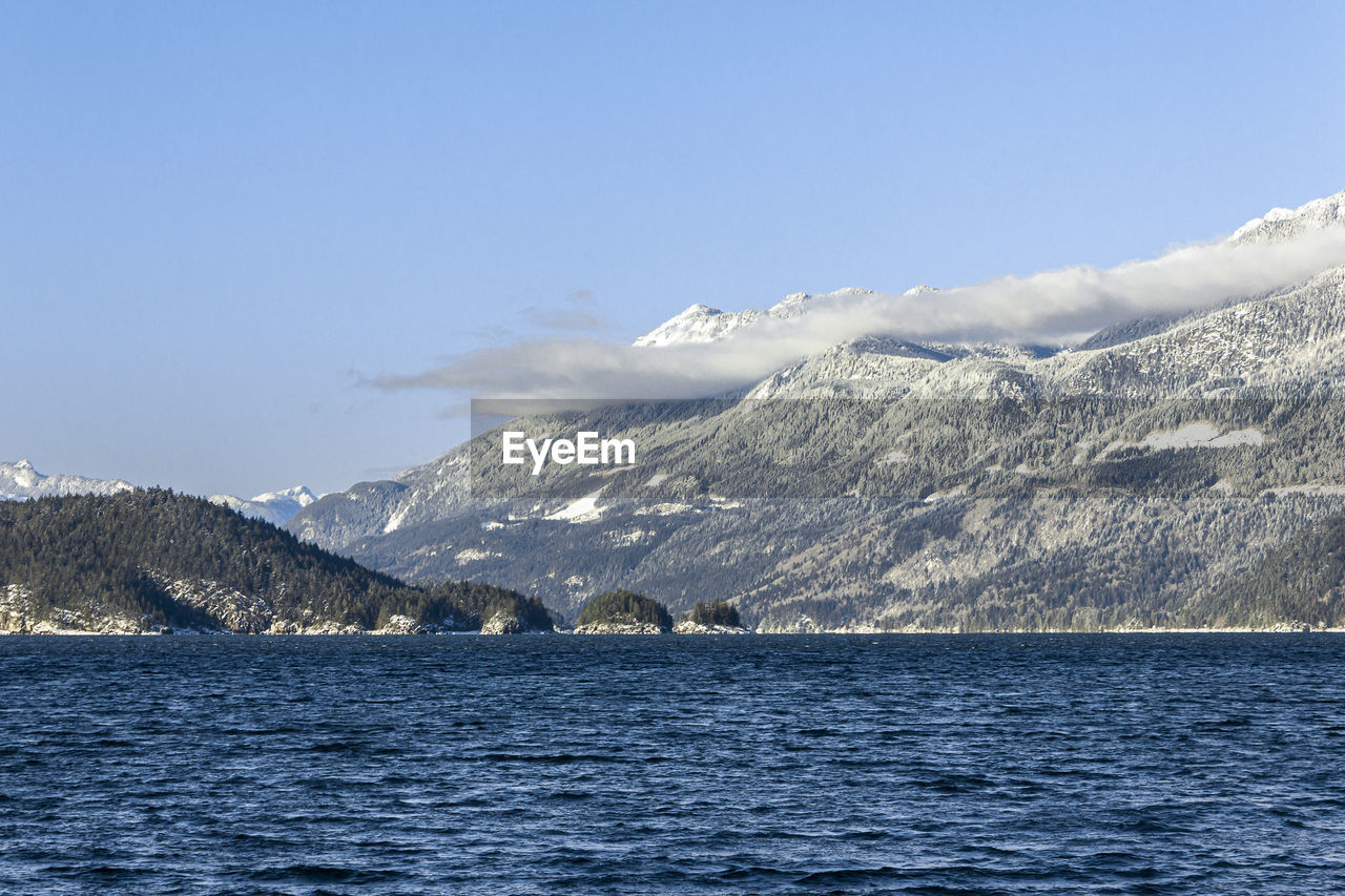 Scenic view of sea and snowcapped mountains against sky