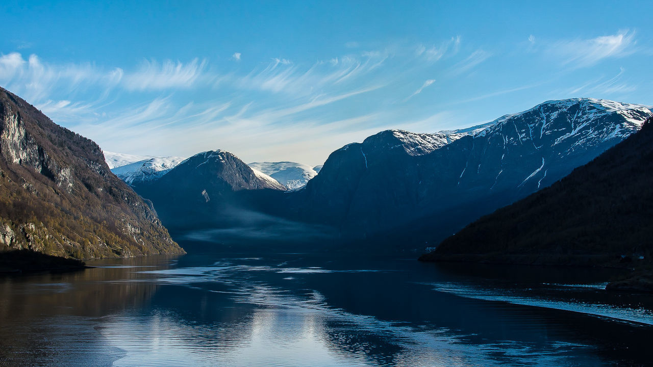 Scenic view of lake and mountains against sky