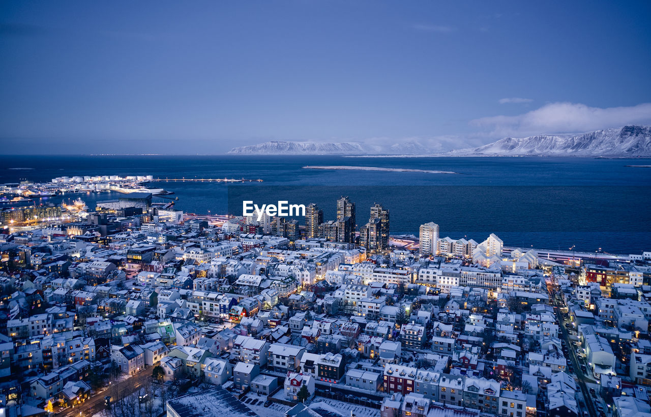 Amazing drone view of reykjavik city in twilight