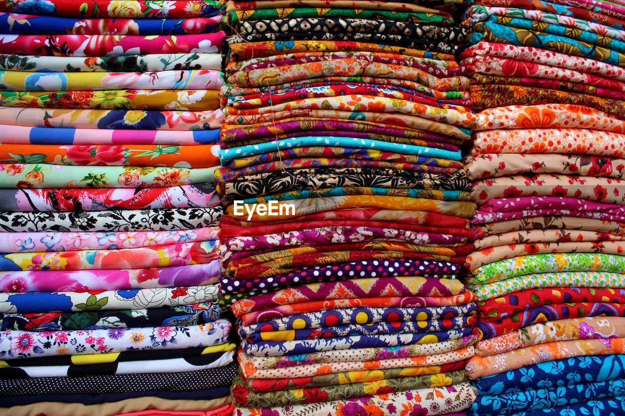 Full frame shot of multi colored fabric for sale at market stall