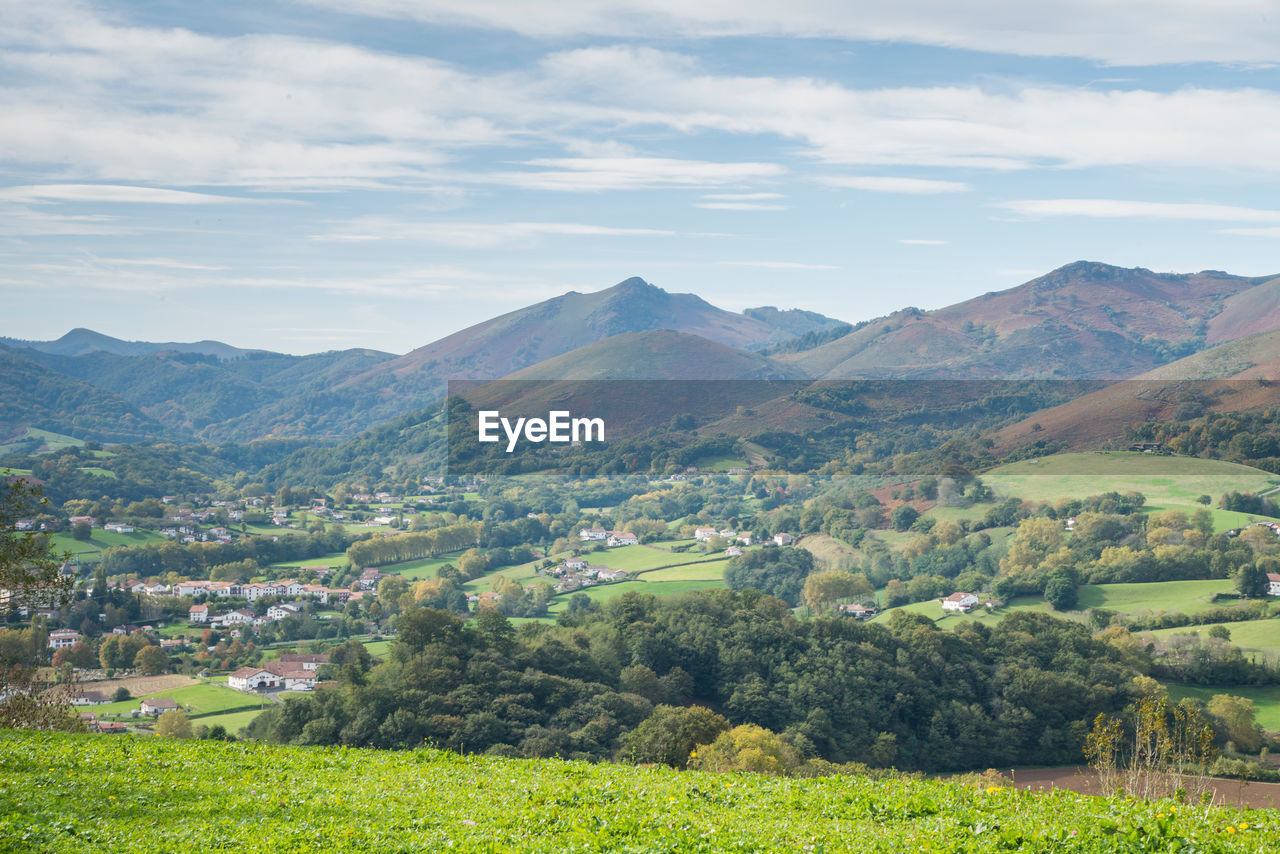 Scenic view of landscape and mountains against sky