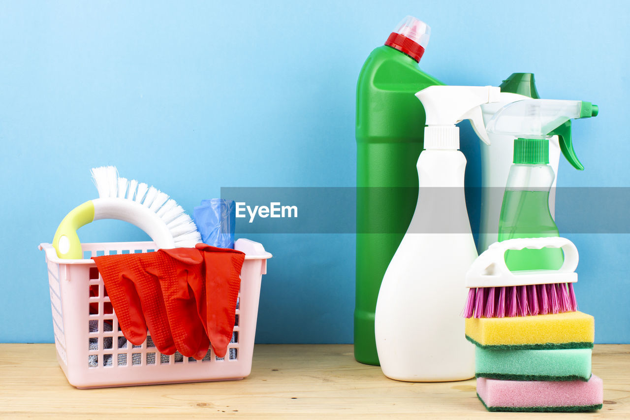 Cleaning tools. set of cleaning supplies - spray and cleaning agent, gloves, brush and sponge.