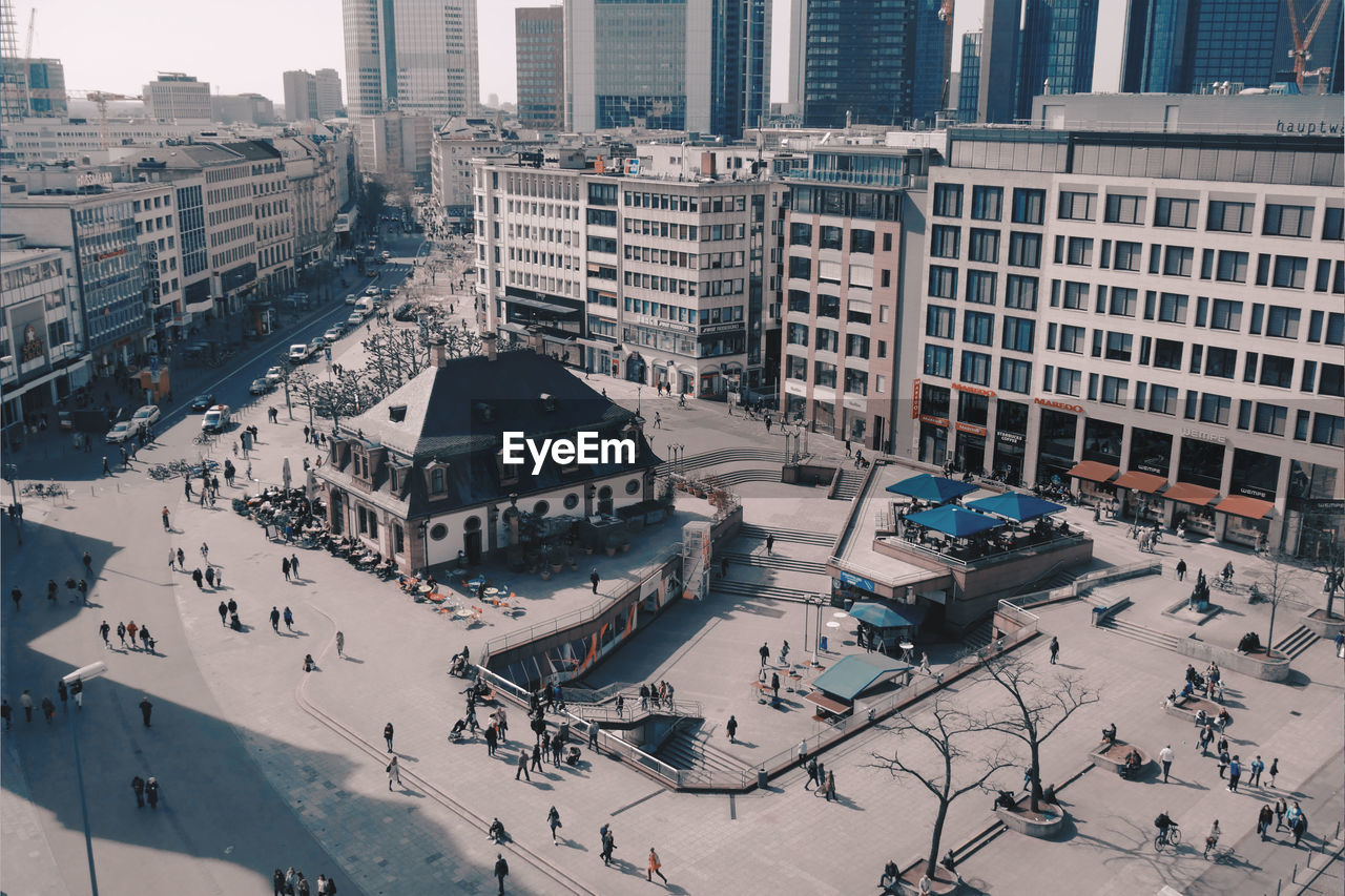 Aerial view of people at town square