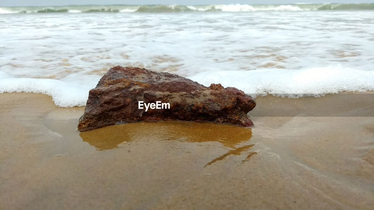 CLOSE-UP OF ROCKS ON SHORE AT BEACH