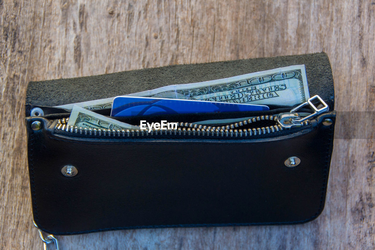 Close-up of paper currency and credit card in wallet on table