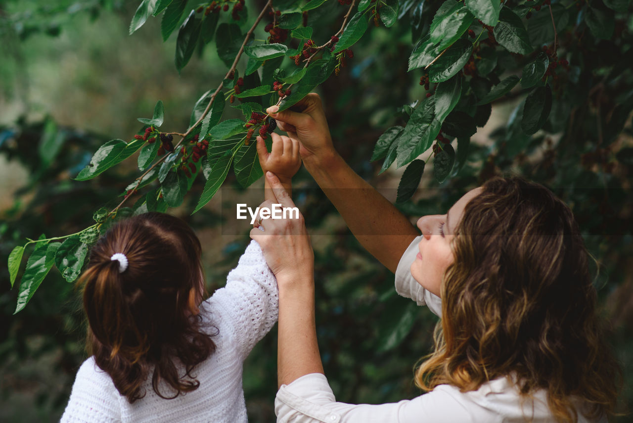 Rear view of women holding plants