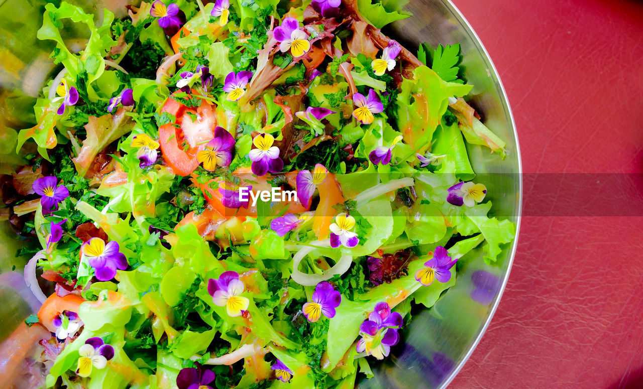 High angle view of salad in bowl on table