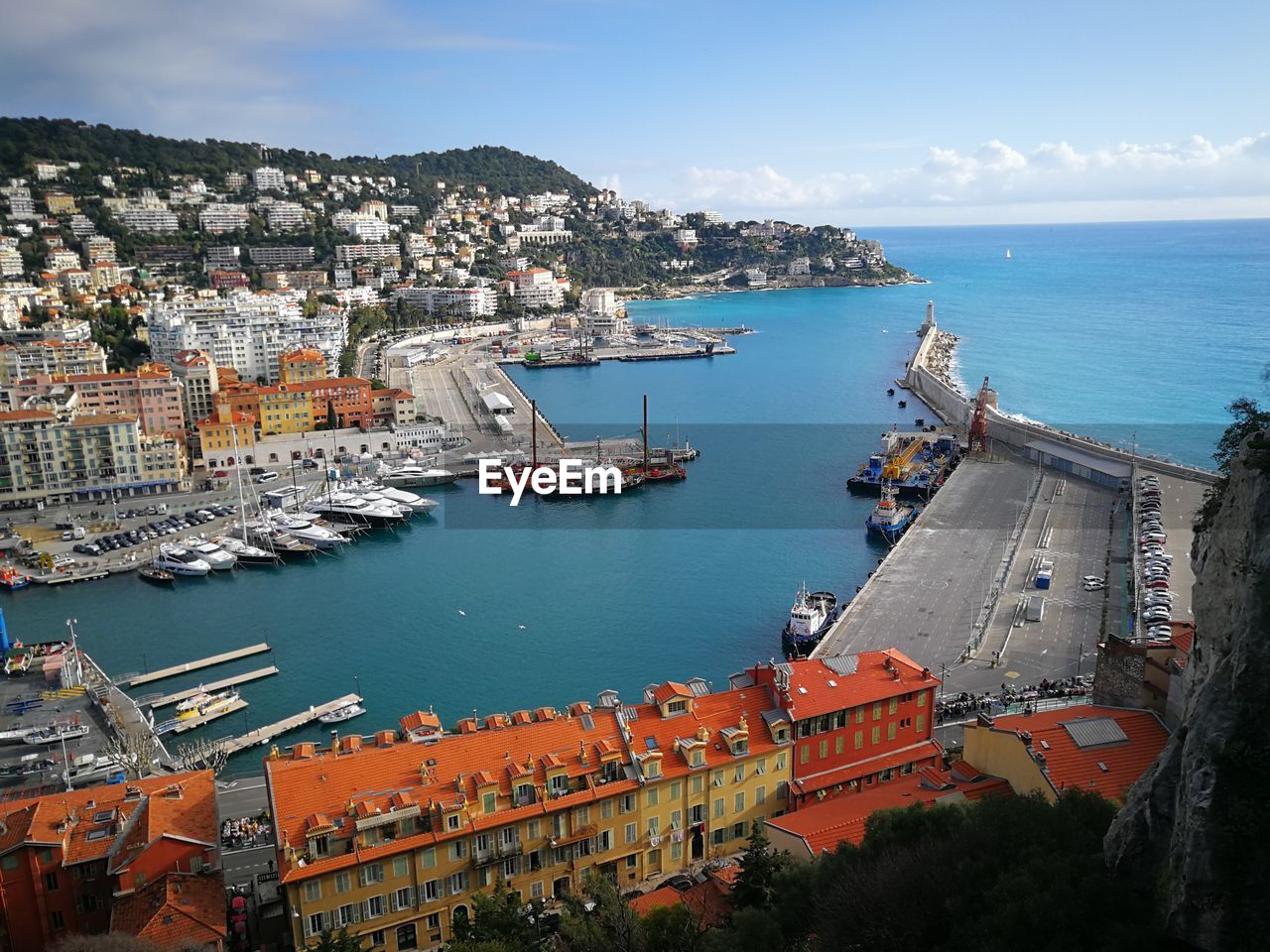 High angle view of buildings, yachts and sea in need ce, france.