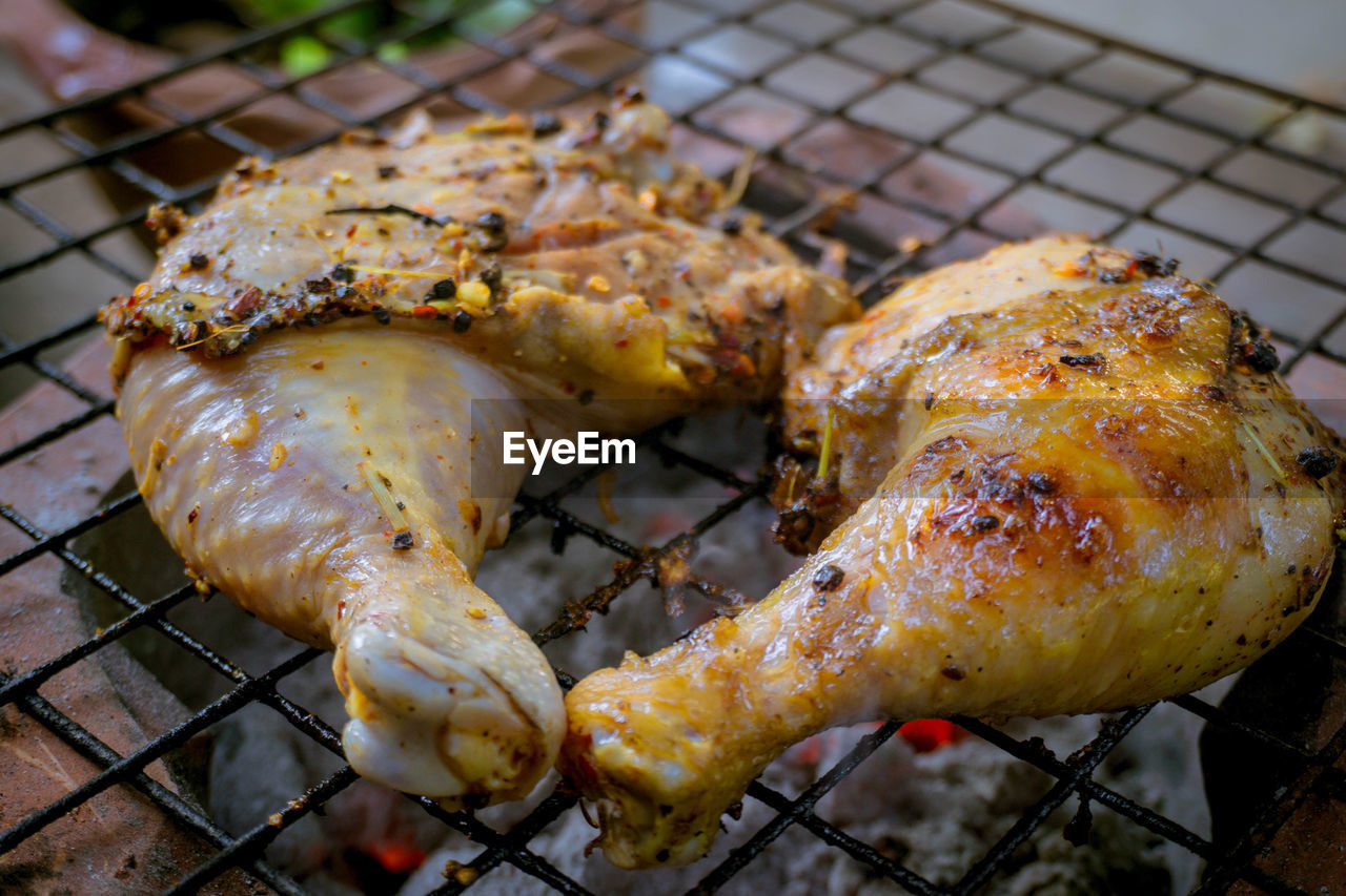 Close-up of meat on barbecue grill