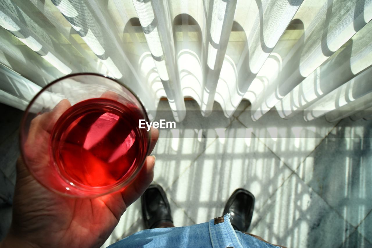 Low section of man holding red wine on floor at home