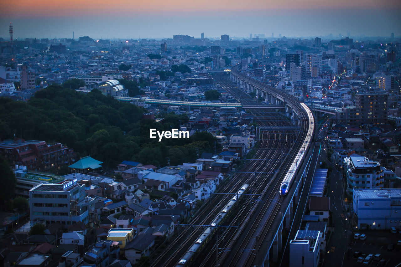 High angle view of cityscape against sky