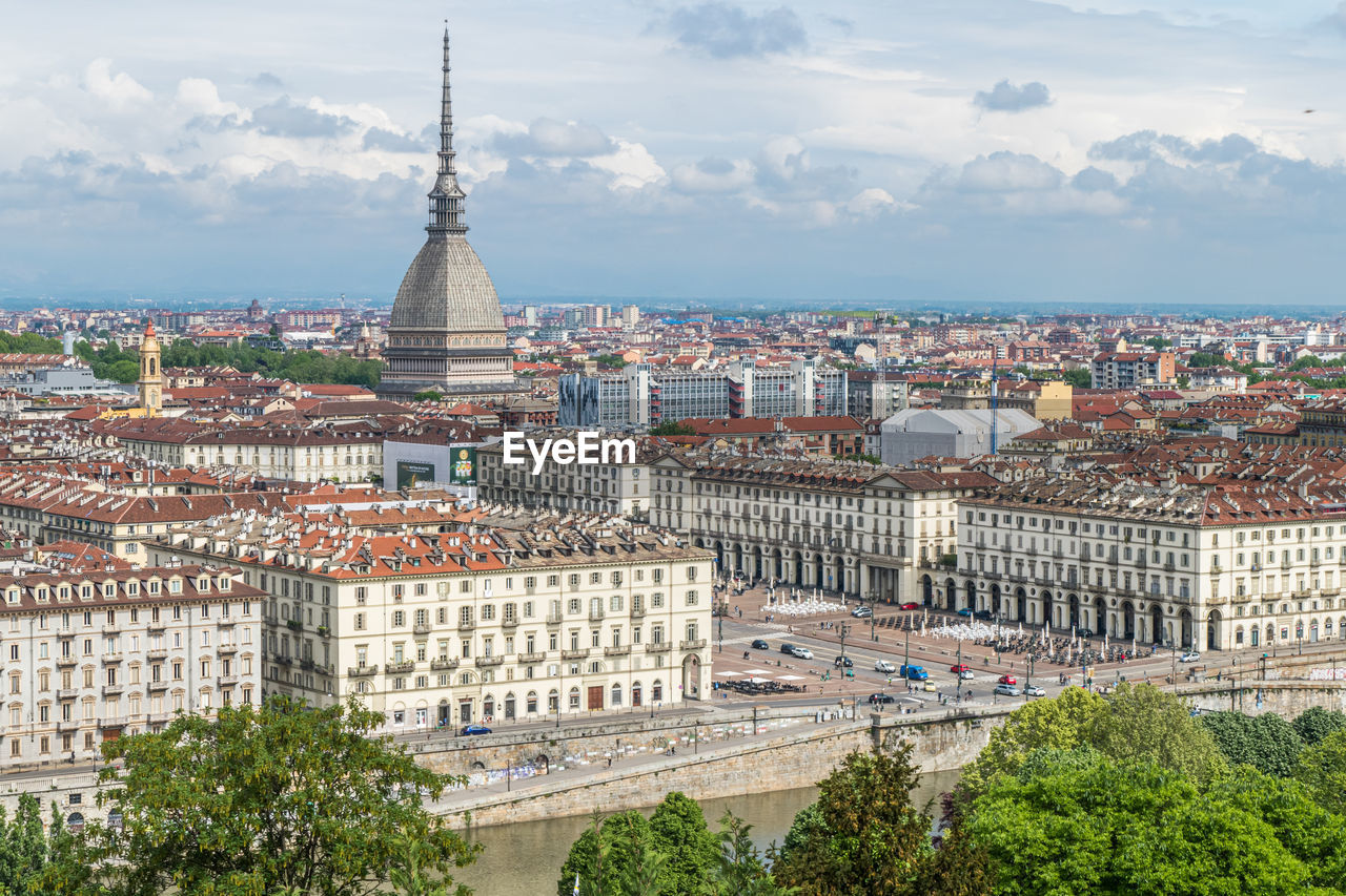  aerial view of the skyline of turin with the mole antonelliana