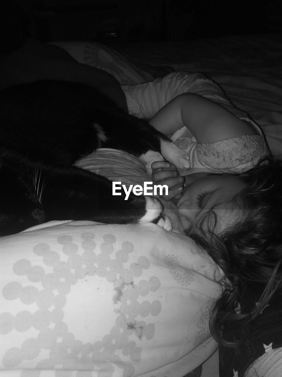 High angle view of girl sleeping with cat on bed at home