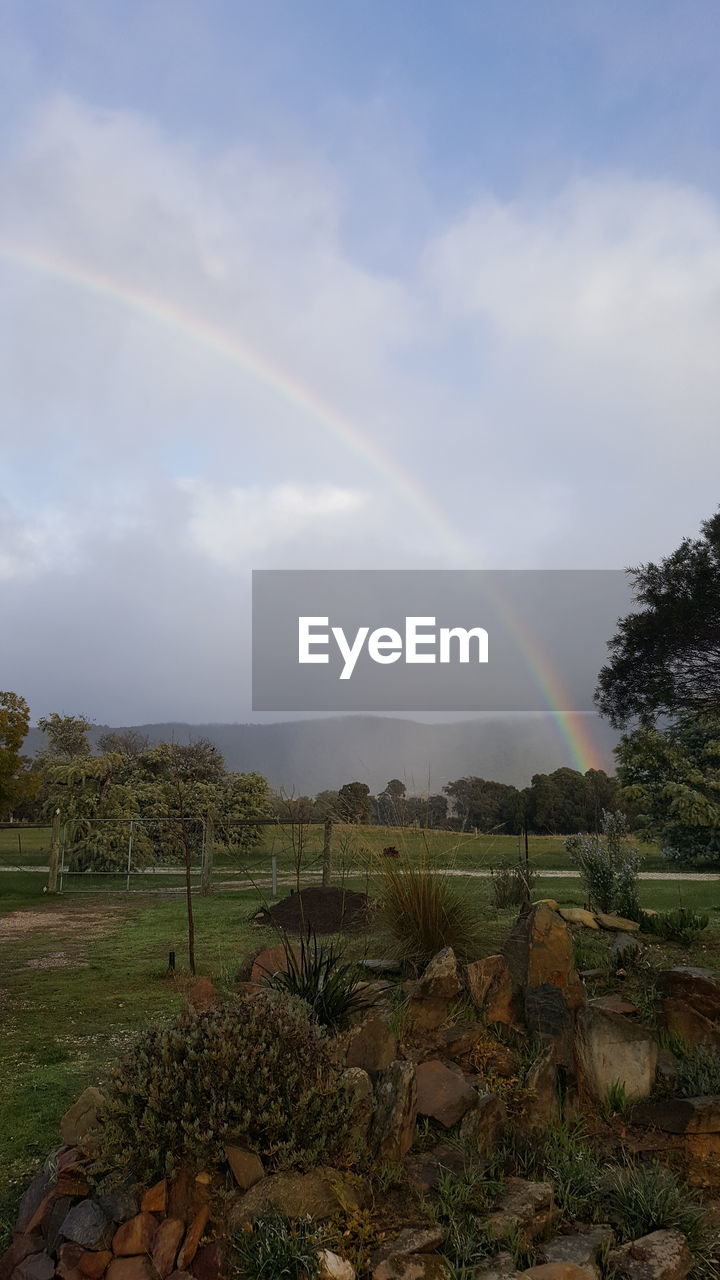 SCENIC VIEW OF LANDSCAPE AGAINST RAINBOW IN SKY