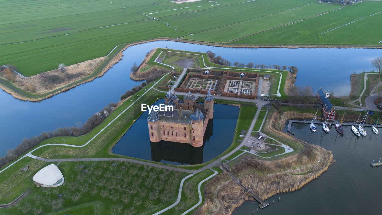 View from above of muiderslot castle. one of the best preserved and restored medieval castles