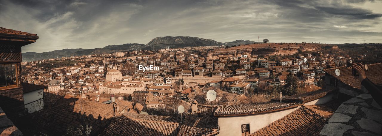 High angle shot of townscape against sky