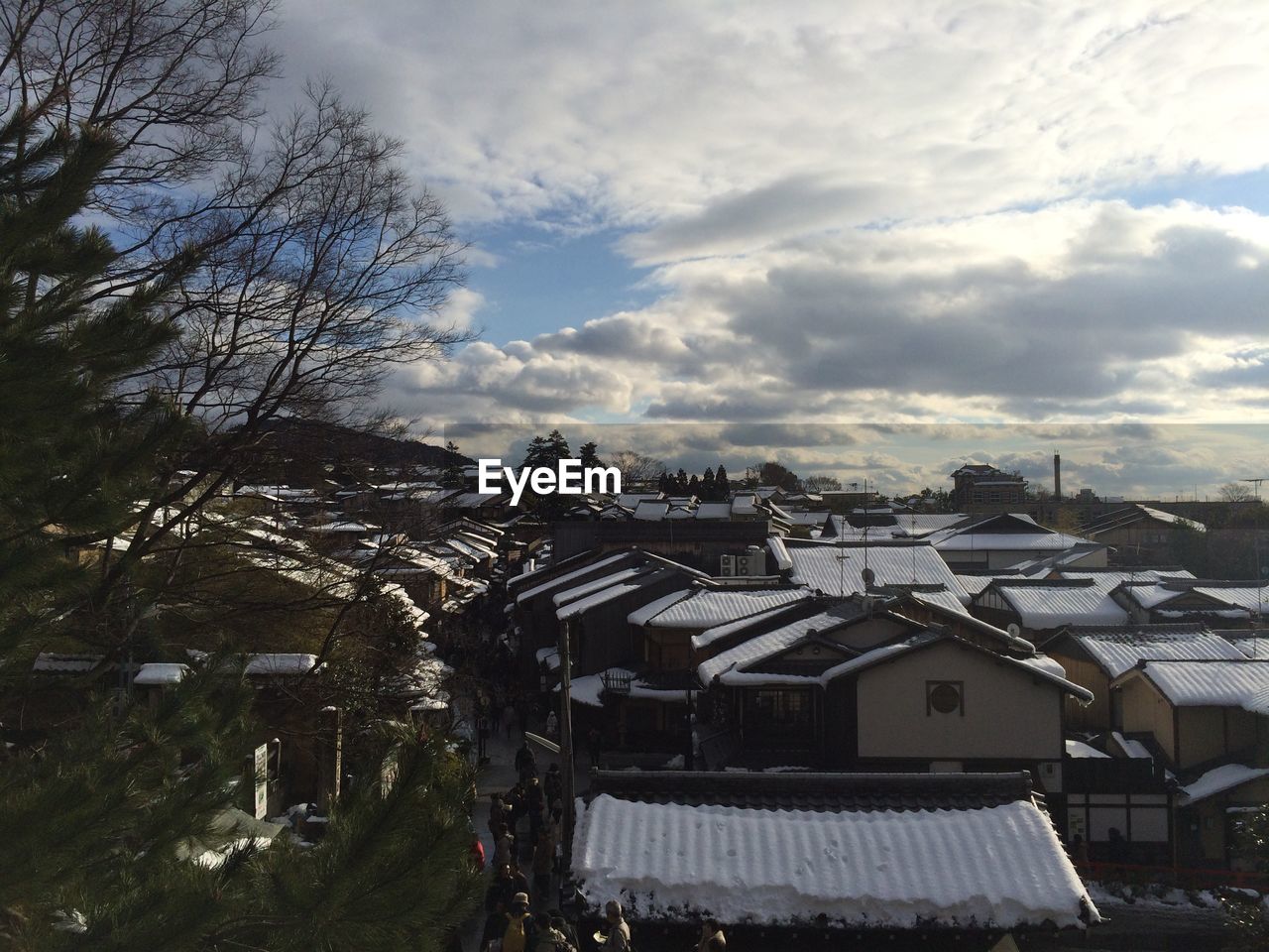 High angle view of city in winter