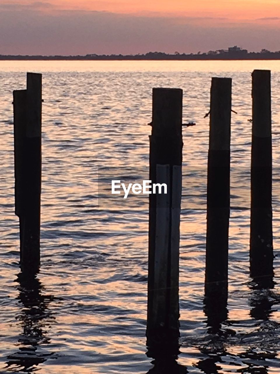 WOODEN POST IN SEA AGAINST SKY