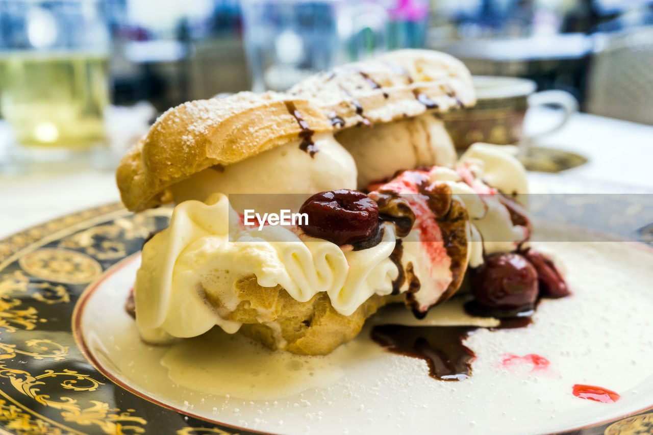 Close-up of dessert in plate on table