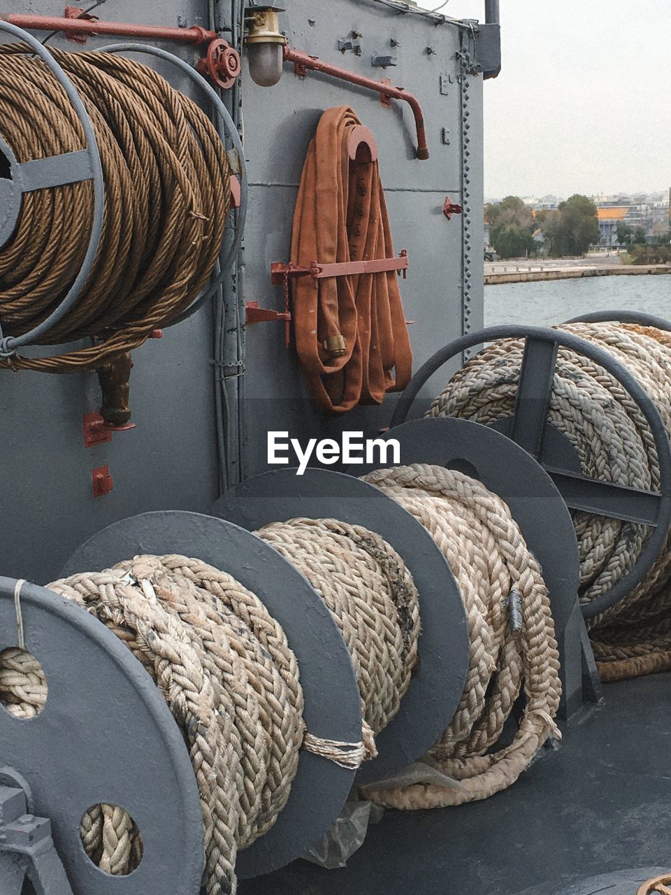 Stack of ropes in harbor