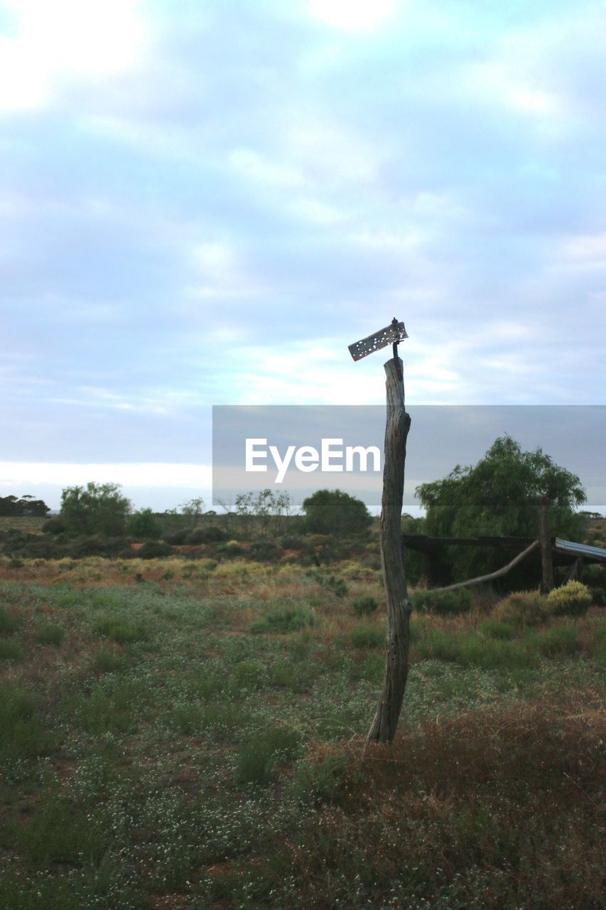 CROSS ON FIELD AGAINST SKY