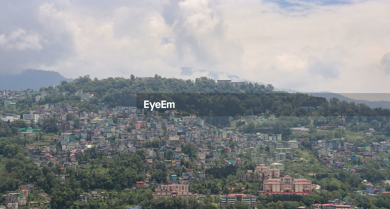 High angle view of buildings against sky