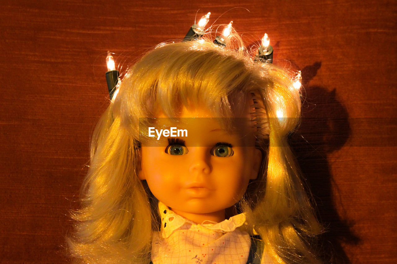 Close-up of doll with illuminated light