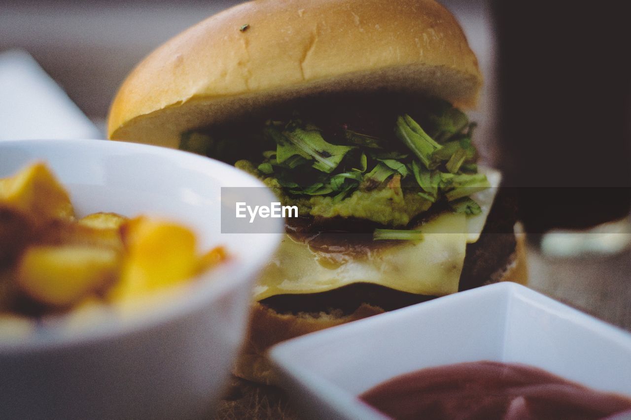 Close-up of burger on table