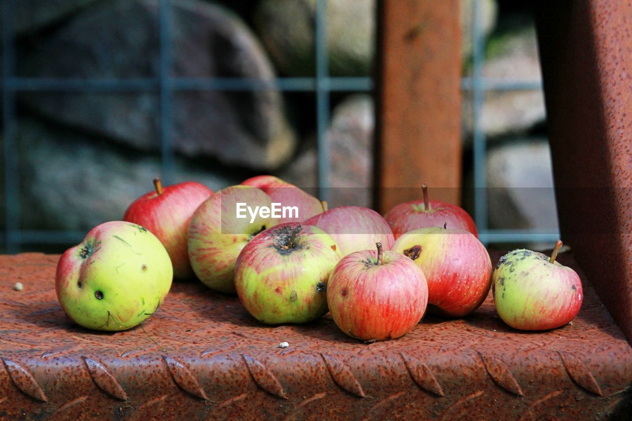 Close-up of apples on rusty metallic steps