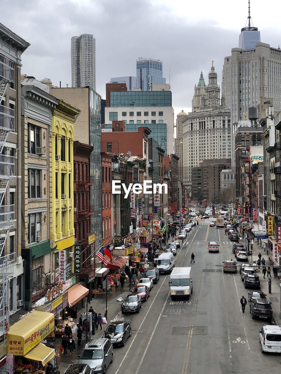 HIGH ANGLE VIEW OF CITY STREET AND BUILDINGS