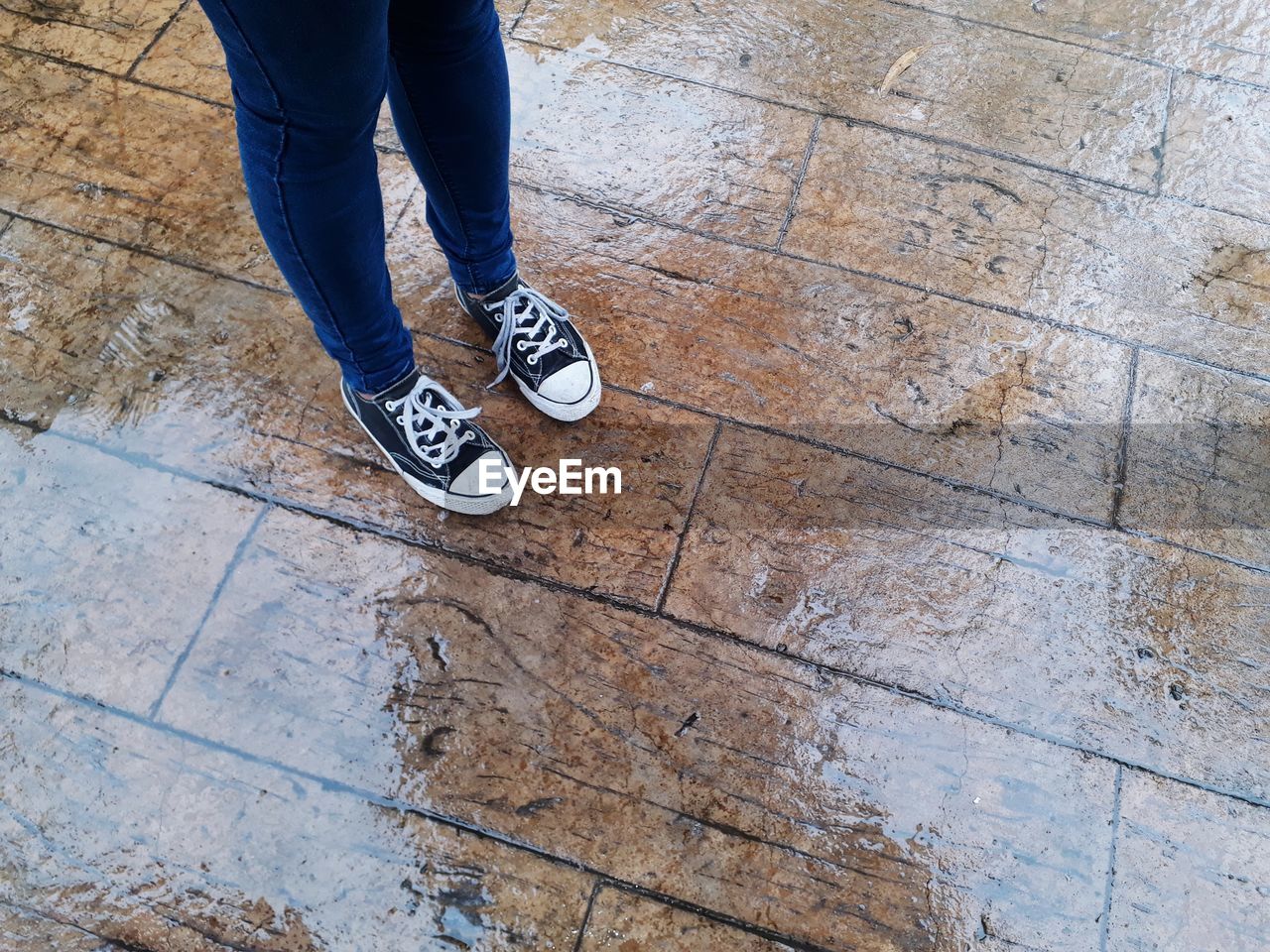 Low section of woman standing on wet tiled floor 
