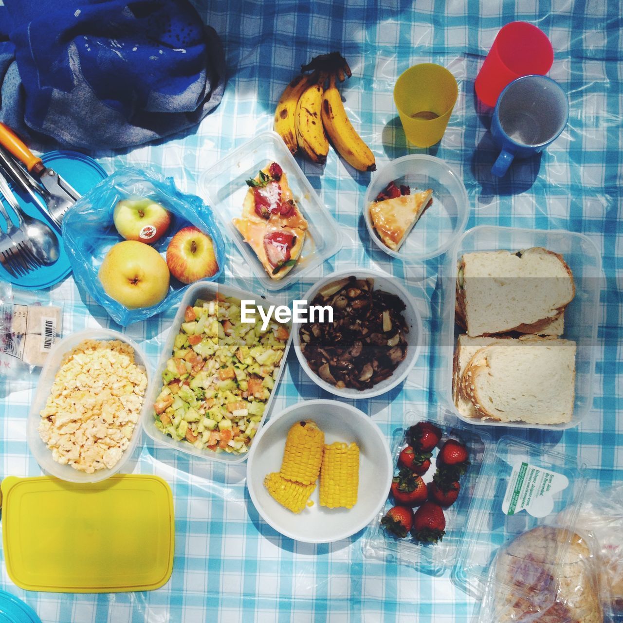 Directly above shot of breakfast served on table