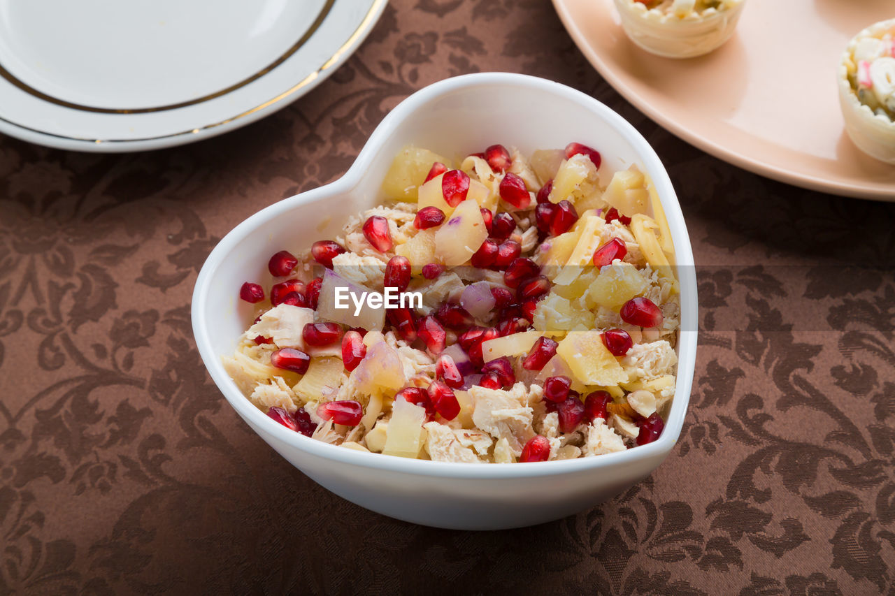 high angle view of food in bowl on table