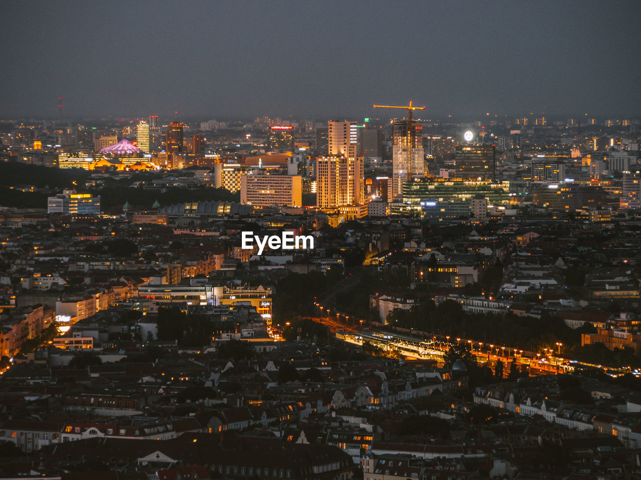 Aerial view of illuminated cityscape